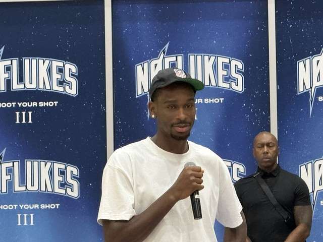 Shai Gilgeous-Alexander speaking at a No Flukes Foundation event